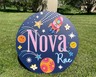 Handmade Outer Space Wood Name Sign, Nursery Decor