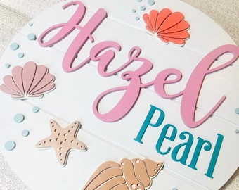 Seashell Nursery Sign: Custom Beach Theme Wood Name Sign