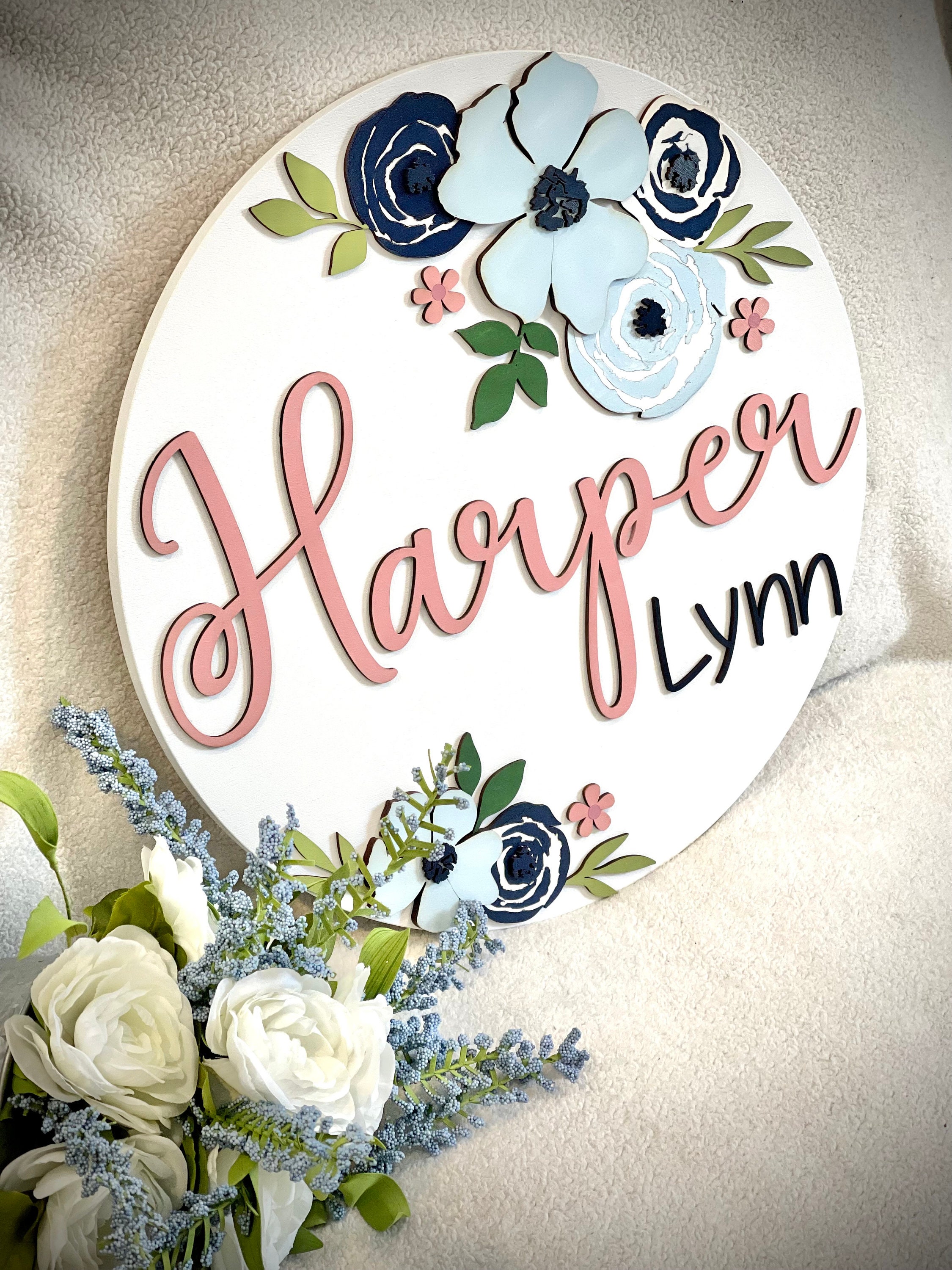 Custom Floral Nursery Name Sign, Round Wood Nursery Decor - Etsy