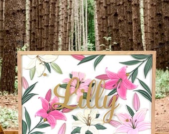 3D Floral Name Sign, Custom Wood Nursery Decor