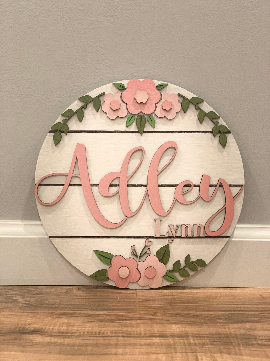Floral Nursery Name Sign Custom Wood Baby Name Sign Round Sign Floral ...