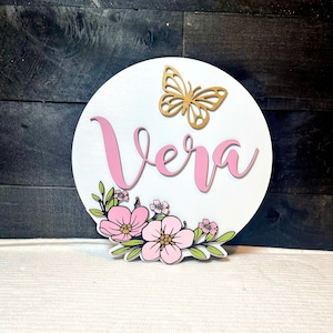 Floral Butterfly Nursery Name Sign: 3D Wood Round