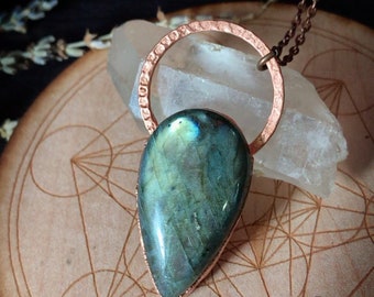 Green Labradorite Pendant Necklace, Electroformed Crystal Jewelry