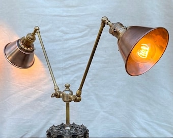 Industrial Double-Arm Desk Lamp - Copper Shades - Brass Swivels - Lighting - Vintage - Upcycle - Steampunk - Edison - Gift