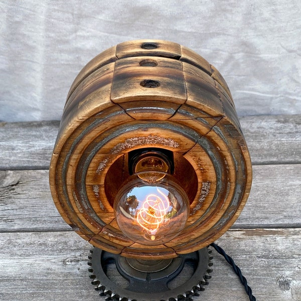 Wooden Flat Belt Pulley Lamp w/ Inline Dimmer Switch - Twin Socket - Light - Handmade - Industrial Age - Vintage - Steampunk - Edison Bulbs