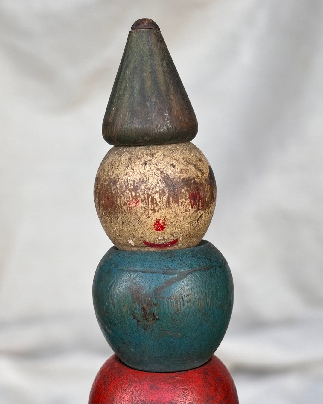 Vintage Wooden Clown Pull Toy Collectible Antique Rare Metal Wheels