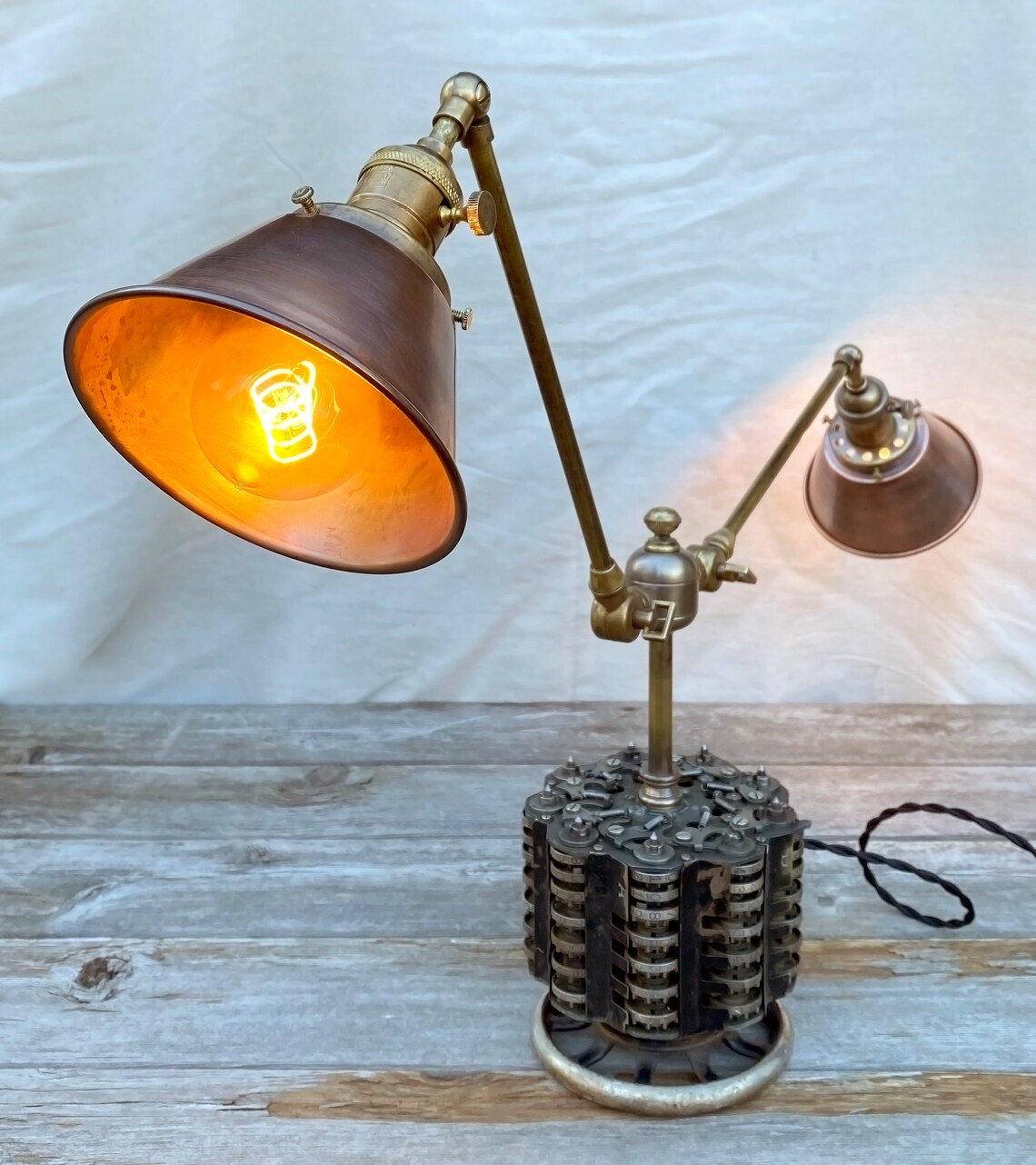 Industrial Doublearm Desk Lamp Copper Shades Brass Etsy