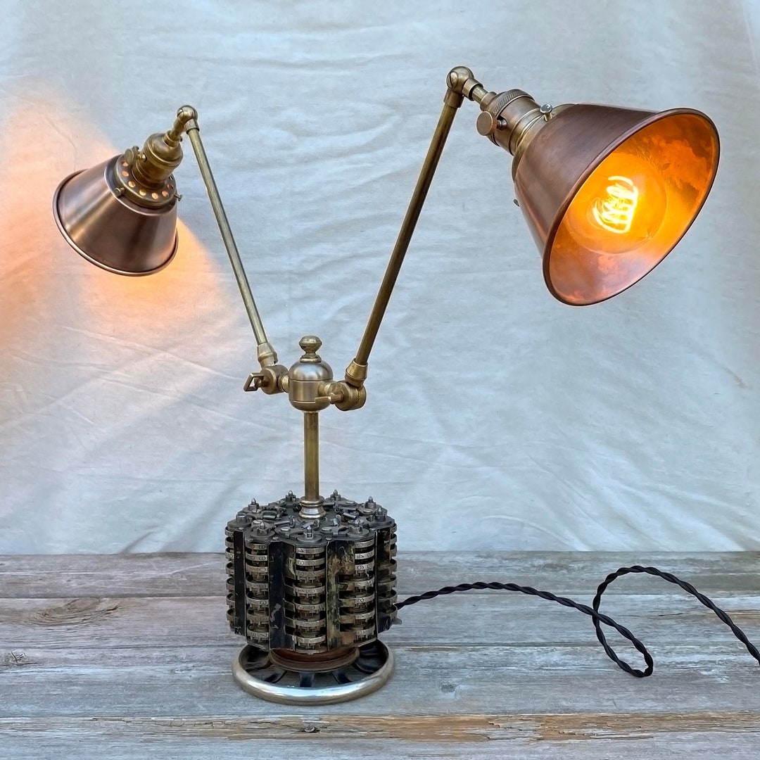 Industrial Doublearm Desk Lamp Copper Shades Brass Etsy