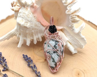 Giana Tree Agate Wire-wrapped Pendant with Black Rose in Rose Gold