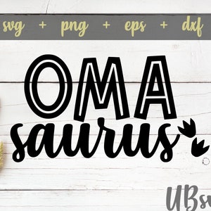 May include: Black and white graphic design with the text "OMA saurus" with dinosaur footprints.