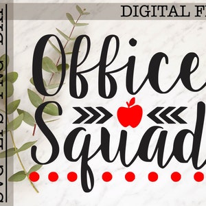 May include: Black and red digital file design with the text "Office Squad" with a red apple and arrow design.