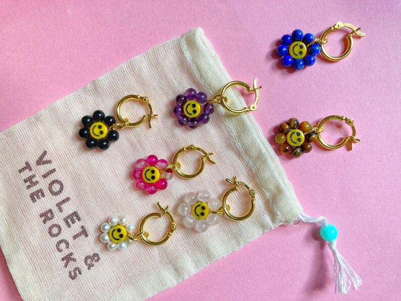 Smiley Face Crystal Beaded Gold Hoop Earring Gold Vermeil image 0