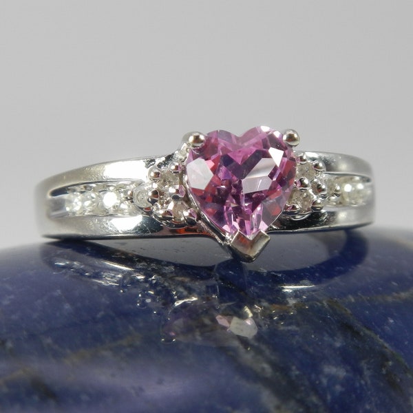 Heart Shape Vintage 10K White Gold Pink Sapphire & Diamond Ring