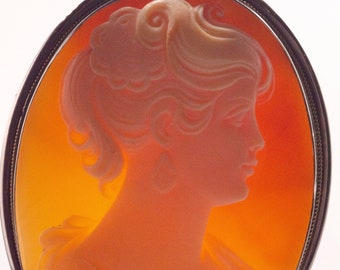 Large Vintage Victorian Sterling Carnelian Carved Cameo with Gold Rope Accent
