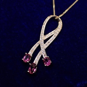Pink Tourmaline & Diamond Vintage 10K Yellow Gold Swoop Pendant Necklace
