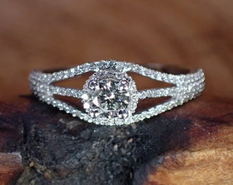 14K White Gold Vintage Diamond Halo Multi Row Engagement Ring