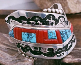 Alvin And Lula Begay Sterling Storyteller Cuff Bracelet Coral And Turquoise