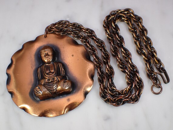 Vintage Mid Century Copper Buddha Medallion Penda… - image 3