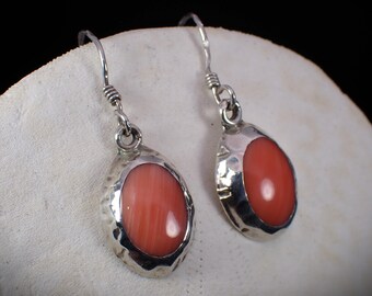Vintage Sterling Silver Oval Angel Skin Coral Lightweight Drop Dangle Earrings