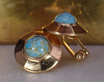 Fun Vintage Gold Tone Blue Blown Glass Art Cufflinks