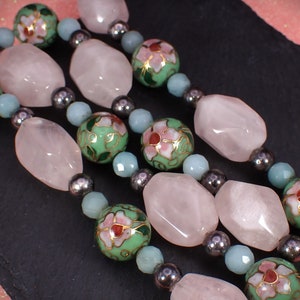 Vintage Rose Quartz Jade Floral Cloisonne Gilt & Silver Bead Necklace