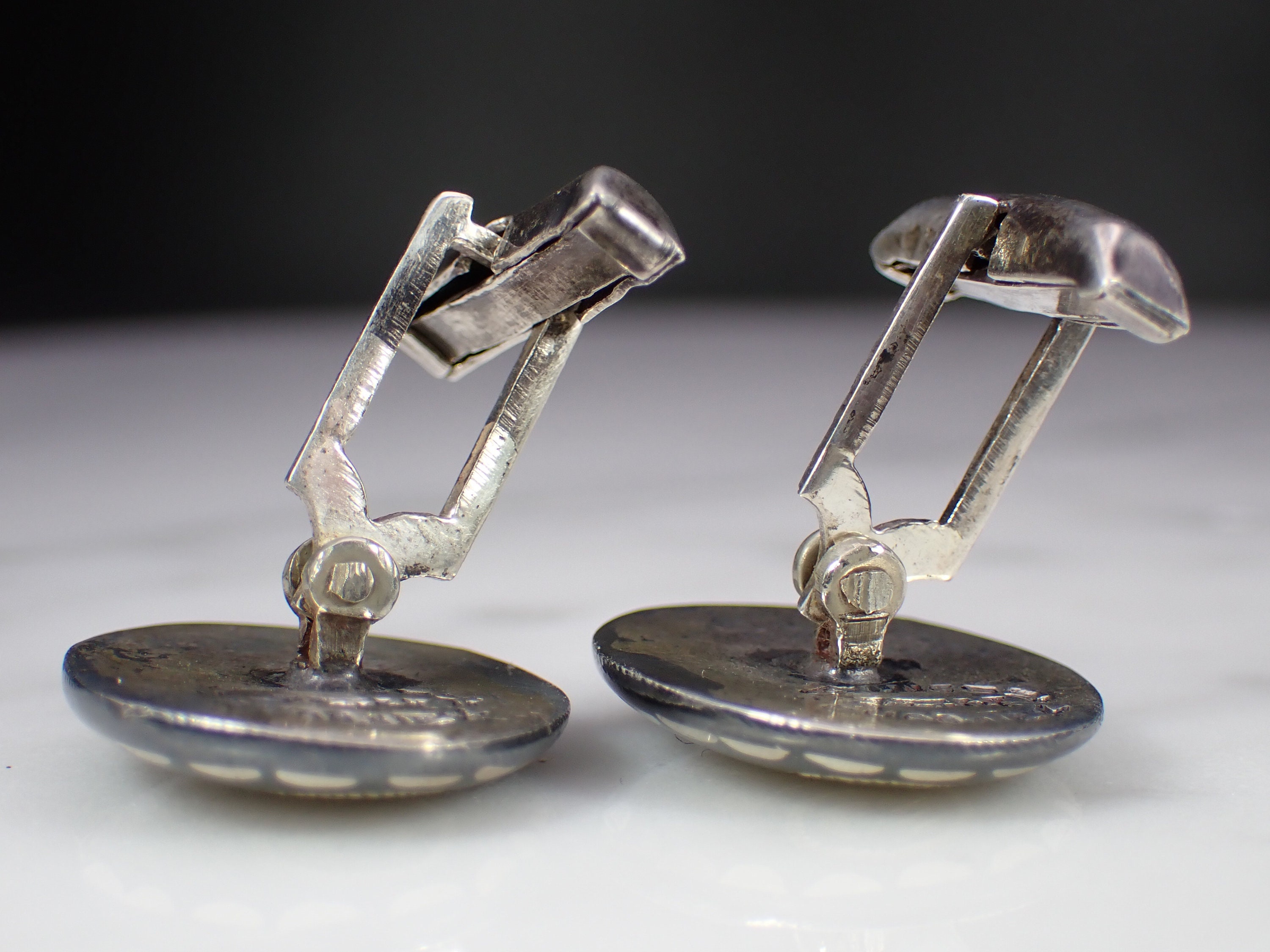 Boutons De Manchette Vintage Carrés - Design Glyphe Technique Superposition - Argent Sterling Signé Mexique - Occasion