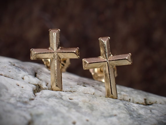 Vintage 14K Yellow Gold Tiny Cross Kids Stud Earr… - image 1