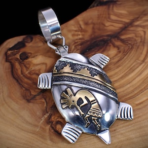 Navajo Designer Tommy Singer Vintage Sterling & Gold Kokopelli Turtle Pendant