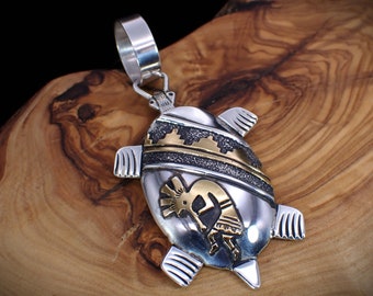 Navajo Designer Tommy Singer Vintage Sterling & Gold Kokopelli Turtle Pendant