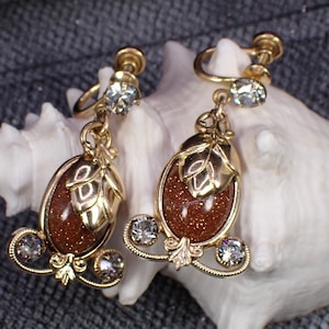 Victorian Gold Filled Goldstone & Paste Dangle Screw Back Earrings
