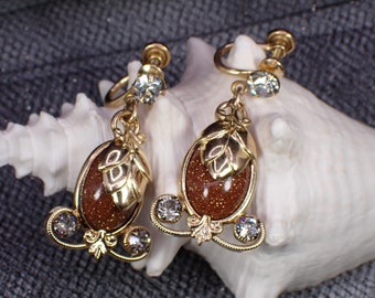 Victorian Gold Filled Goldstone & Paste Dangle Screw Back Earrings