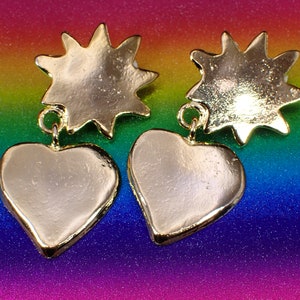 Übergroße Gold Ton Vintage Retro Starburst Herz baumeln Stil Ohrclips