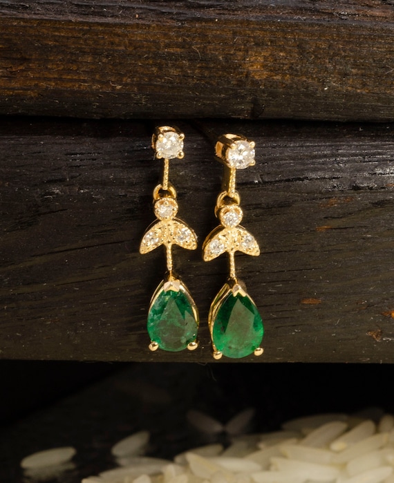 Vintage Teardrop Emerald Diamond Earrings