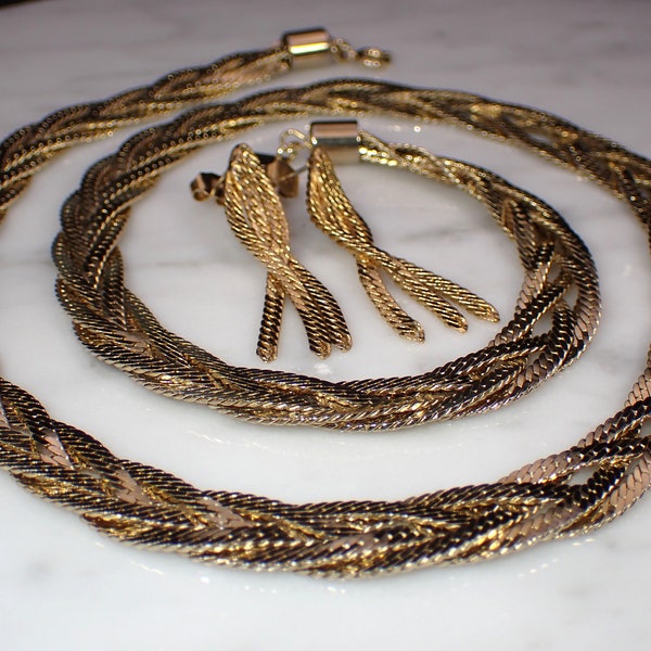 Braided Triple Strand Vintage Gold Tone Herringbone Necklace & Earrings Demi-Parure