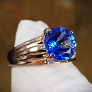Vintage Gold Plated Sterling Silver Synthetic Blue Sapphire Solitaire Ring