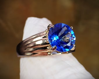 Vintage Gold Plated Sterling Silver Synthetic Blue Sapphire Solitaire Ring