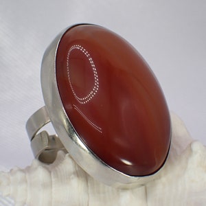 Adjustable Vintage Silver Tone Oval Carnelian Agate Artisan Statement Ring