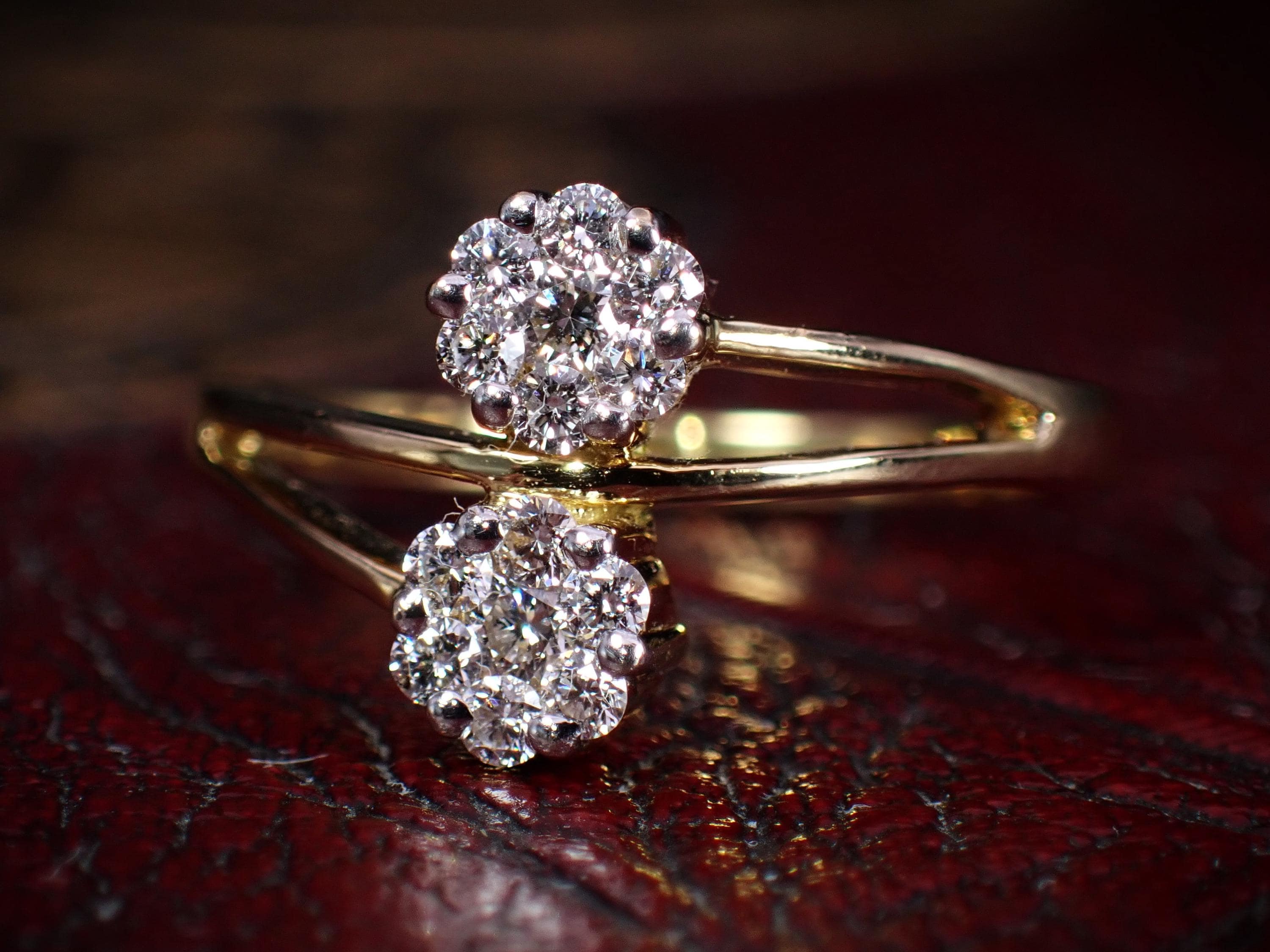 ring♡ ページ Floral Double Cluster Vintage 18K Yellow Gold Diamond Bypass Ring