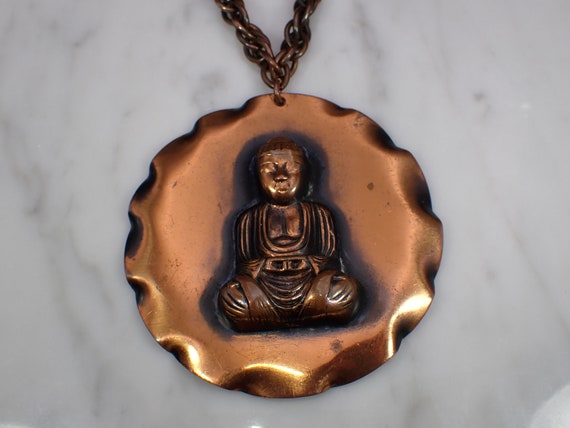 Vintage Mid Century Copper Buddha Medallion Penda… - image 4