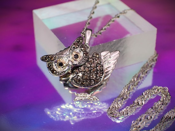 Vintage Sterling Silver Smokey Quartz Owl Pendant Critter Necklace