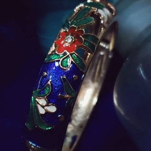 Vintage Enameled Open Work Floral Cloisonne Clamper Bangle Bracelet