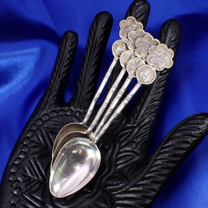 Designer Tackhing Vintage 900 Silver Bamboo & Symbol 4.75&quot; Spoons Set of 4