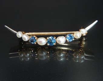 Antique Victorian 14K Gold & Platinum Sapphire Seed Pearl Crescent Moon Brooch Pin