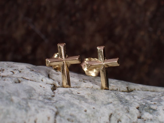 Vintage 14K Yellow Gold Tiny Cross Kids Stud Earr… - image 10