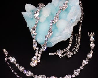 Demi Parure Vintage Silver Tone Clear Rhinestone Necklace & Bracelet Prom Bridal