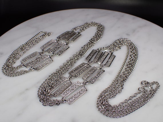 Unsigned Silver Tone Opera Length Double Strand F… - image 3