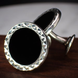 Vintage Sterling Silver Black Onyx Diamond Cut Disc Cufflinks