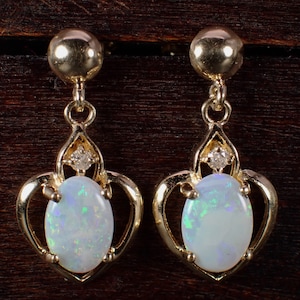 14K Yellow Gold Genuine Opal & Diamond Small Heart Dangle Earrings