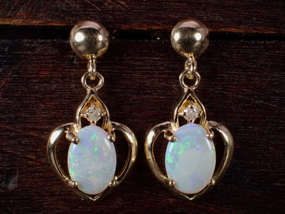 14K Yellow Gold Genuine Opal & Diamond Small Hear… - image 1