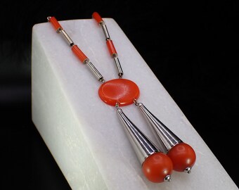 Vintage Designer Jakob Bengel Silver Tone Catalin Statement Necklace